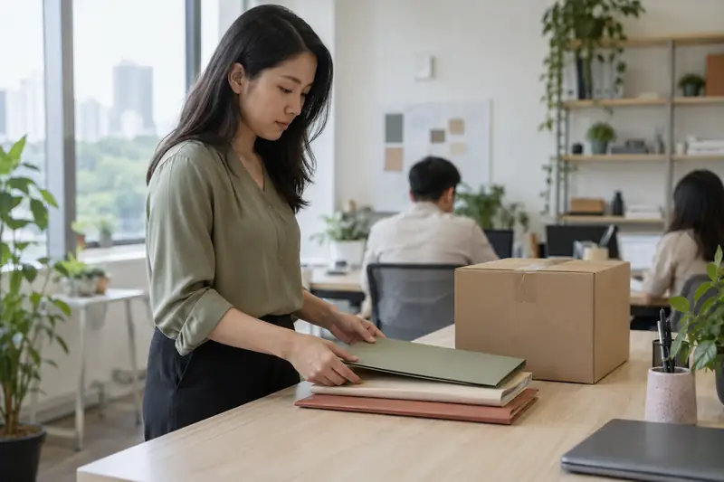 Menyusun folder dokumen di sebelah karton