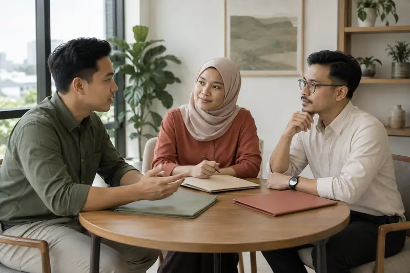 Tiga rakan sekerja membincangkan tugas semakan